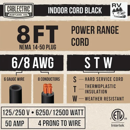 Vista 2 de Cable de alimentación de rango de 4 clavijas de 3 pies - Cable de extensión RV de 50 amperios - Cable resistente de 6/8 AWG - Enchufe de extensión