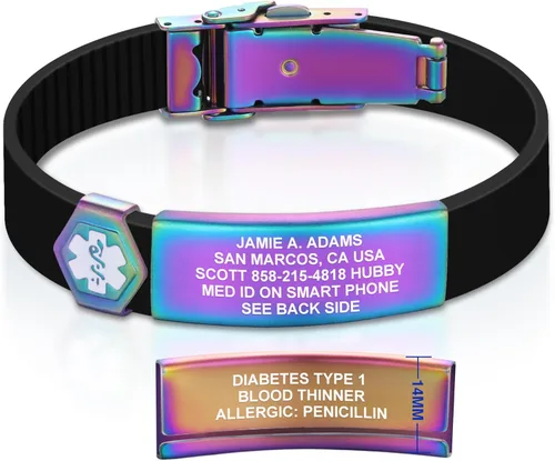 Vista 215 de Divoti Pulsera de identificación de alerta médica grabada personalizada, grabado láser de doble cara, pulsera de silicona, cierre de seguridad
