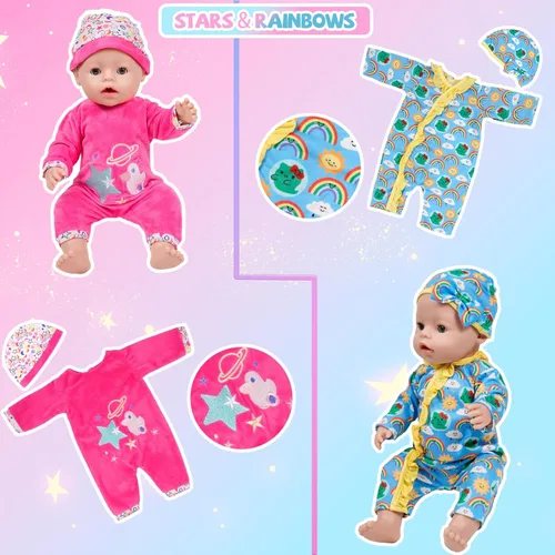 Vista 4 de WONDOLL 6 juegos de ropa para muñecas bebé de 14 a 16 pulgadas, conjuntos de ropa para muñecas recién nacidas con petos y accesorios para muñecas
