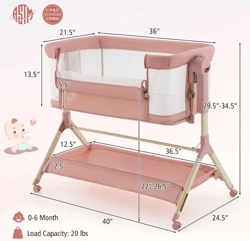 Vista 8 de BABY JOY Cuna, moisés de 3 en 1 con función de mecer al lado de la cama con cesta de almacenamiento, ruedas universales, altura ajustable, colchón