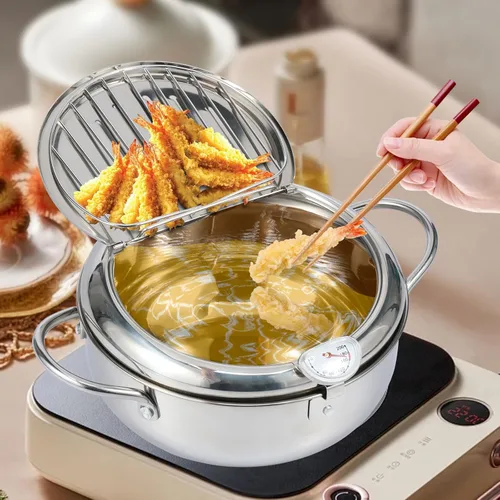 Vista 10 de Olla freidora profunda de 8.27 pulgadas/2.2 L, olla de tempura estilo Janpanese con cesta coladora y termómetro, olla profunda de acero inoxidable