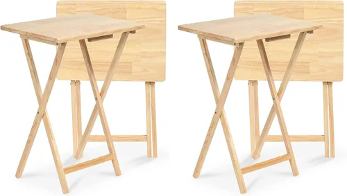 PJ Wood Mesa rectangular plegable portátil para servir aperitivos, construcción de madera maciza con acabado natural (juego de 4 piezas)