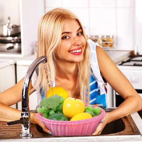 Vista 7 de FOMIYES Cesta de frutas para encimera de cocina: 1 bandeja de frutas tejida de plástico rosa para aperitivos, pan y almacenamiento decorativo, cesta