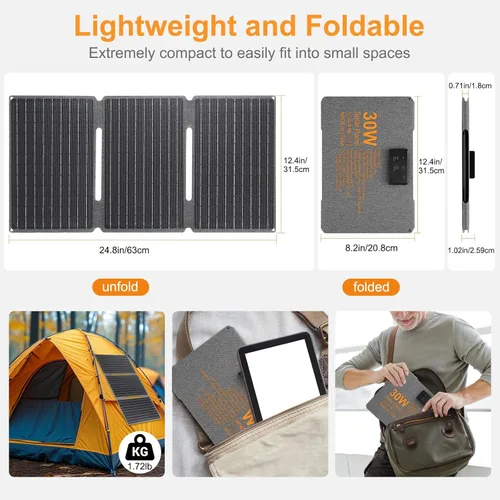 Vista 2 de Kit de panel solar plegable portátil de 30 W 18 V ETFE paneles solares cargador con USB 3.0, salidas tipo C y CC, carga rápida compatible