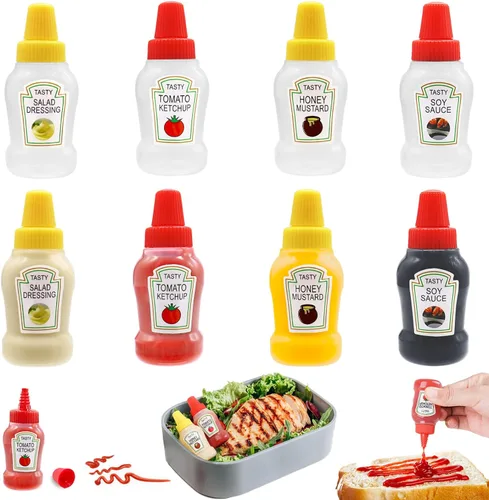 Niurewan 8 mini botellas de ketchup de 0.8 onzas líquidas, botella de plástico portátil para adultos, oficina, lonchera, picnic, aceite, salsa de