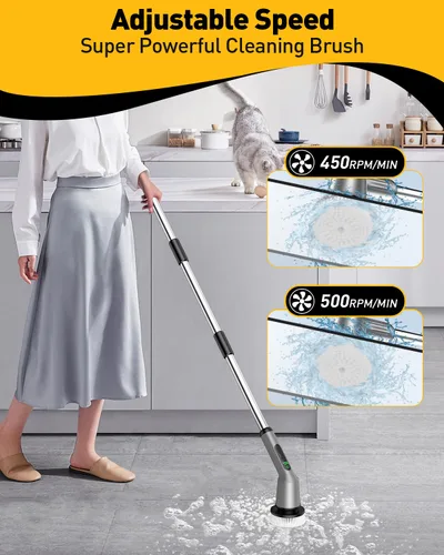 Vista 3 de Limpiador eléctrico giratorio para limpieza de baño, cepillo de limpieza inalámbrico con IPX7 impermeable y 2 velocidades, 3 cabezales de cepillo