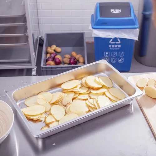 Vista 5 de EGGKITPO Bandejas de Mesa de Vapor de Tamaño Completo Paquete de 6 de 2.5 Pulgadas Bandejas de Acero Inoxidable para Restaurante Bandejas de Comida
