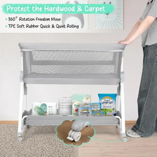 Vista 8 de Cowiewie Moisés de noche, moisés de bebé con colchón lavable de fibra de aire y 7 alturas ajustables, moisés plegables para bebé con malla