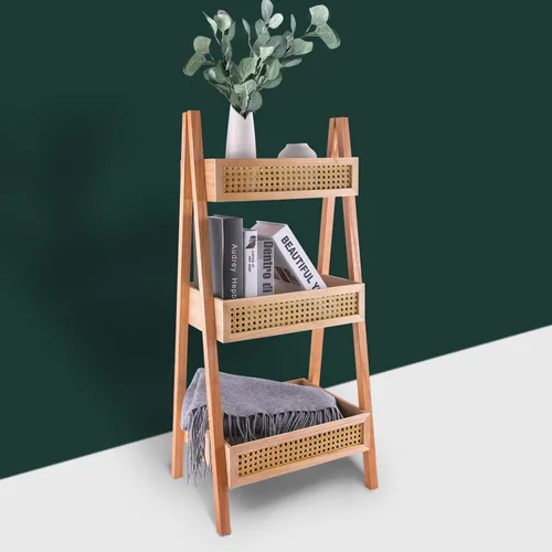 ZYBT Estantería escalera, estantería de ratán de 3 niveles, estantería de pie, escalera para mantas, estantes de almacenamiento de madera para sala