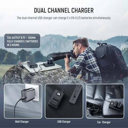Vista 6 de NEEWER Replacement Battery and Charger Set for EN-EL25, 2 Pack 1350mah Batteries and Dual Channel Type C USB Charger, Compatible with Nikon Z30 Z50