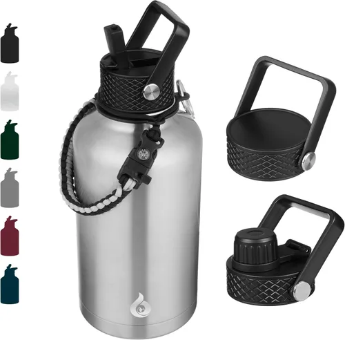 Vista 109 de BJPKPK - Botellas de agua aisladas con tapa de popote, botella de agua de acero inoxidable de 27 onzas con 3 tapas, termo de metal libre de BPA a