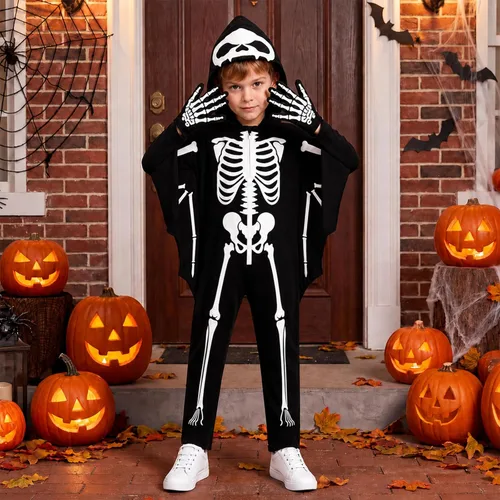Vista 4 de Weixinbuy Disfraz de esqueleto de Halloween para niños que brillan en la Negro #2