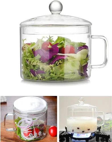 Vista 12 de Olla de cocina de vidrio – Cacerola de vidrio de 2 L/67 oz resistente al calor, juego de utensilios de cocina hechos a mano de vidrio