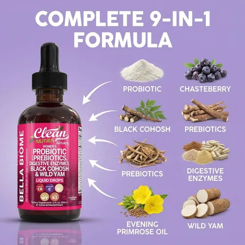 Vista 5 de Probióticos líquidos para mujeres con chasteberry, cohosh negro, prebióticos, enzimas digestivas, aceite de onagra, ñame silvestre, dmanosa