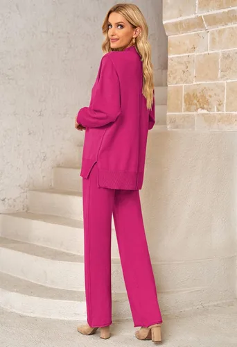 Vista 4 de Linsery Conjunto de suéter de 2 piezas para mujer, cuello alto, suéter de punto de pierna ancha, sudadera casual