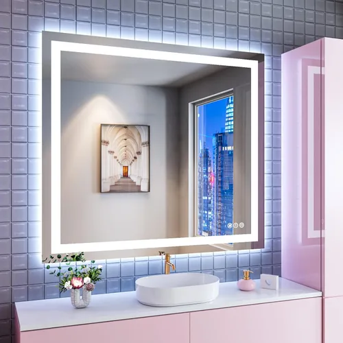 Vista 43 de Amorho Espejo de baño LED de 40 x 36 pulgadas con marco negro, luz frontal y retroiluminación (controlado por separado), regulable continuo