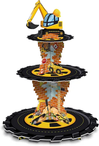 Tiamon Decoraciones de cumpleaños de construcción de 3 niveles con tema de construcción, soporte para cupcakes, camión volquete de cartón, soporte
