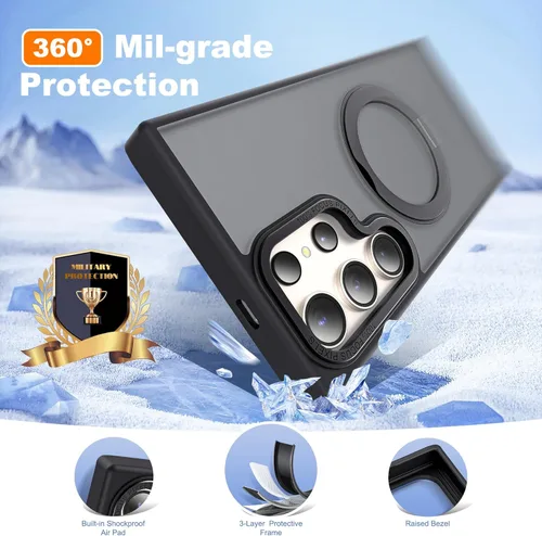 Vista 5 de Funda compatible con Samsung Galaxy S22 y S23 Ultra con soporte de anillo magnético giratorio 360 compatible con protección militar Mag-Safe, funda