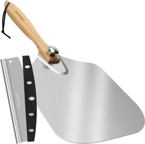 Vista 9 de Pala de Pizza de Aluminio Espátula de Pizza, Mooues Pala de Pizza de Metal de 12 pulgadas (12"x 14") con Cortador Basculante Mango de Madera