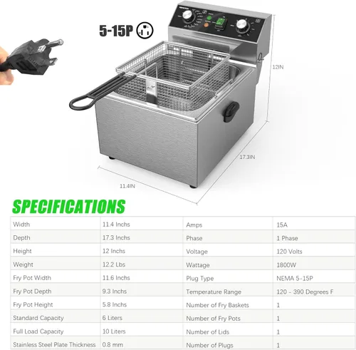 Vista 3 de TOPKITCH Freidora eléctrica de acero inoxidable con cesta y tapa, capacidad de 10 L (10.5 cuartos de galón), freidoras de encimera para cocina