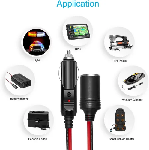 Vista 6 de Chanzon Cable de extensión para encendedor de cigarrillos de automóvil de 12 V/24 V, cable UL 16 AWG de 12 pies con fusible de 15 A, conector