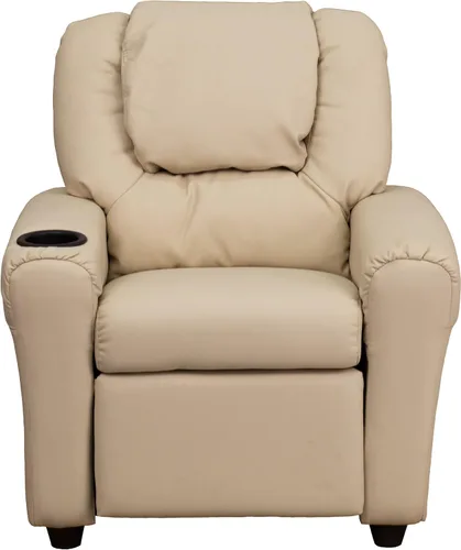 Vista 4 de EMMA + OLIVER Sillón reclinable infantil de vinilo beige con portavasos y reposacabezas