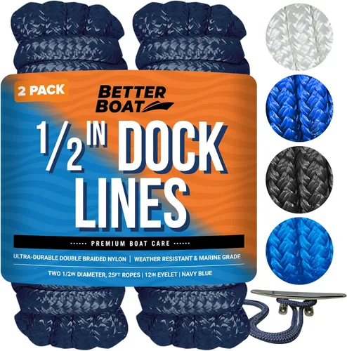 Vista 22 de Líneas de muelle para barcos de 1/2 pulgada x 25 pies, paquete de 2 cuerdas de nailon trenzado doble con bucle de 12 pulgadas, línea de amarre