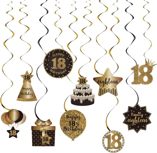 Decoración de techo de remolinos colgantes para fiesta de cumpleaños número 18, celebración, 18 espirales colgantes de papel de aluminio con