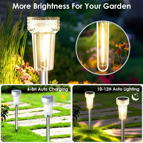 Vista 5 de Mancra - Luces solares al aire libre impermeables, juego de 8 luces de camino con bombilla de tungsteno de acero inoxidable, luces solares