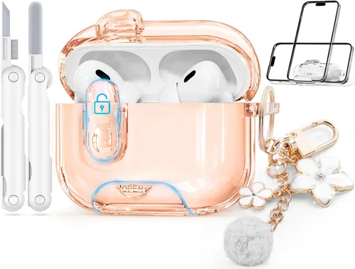 Vista 12 de con bloqueo de seguridad para estuche de AirPods 4 de Apple 2024, estuches transparentes con soporte para teléfono y kit de limpieza, funda de TPU