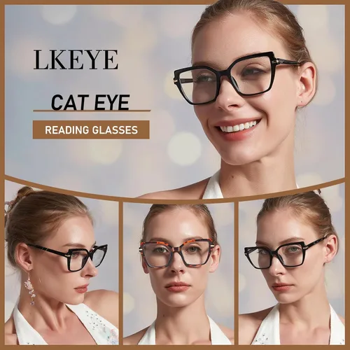 Vista 2 de LKEYE Gafas de lectura cuadradas para mujer, diseño de ojo de gato, bloqueo de luz azul, lk6095 Lector (c1 negro+c2demi)