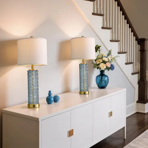 Vista 2 de Oneach Juego de 2 lámparas de mesa de 27.75 pulgadas, lámpara de noche moderna azul con luz nocturna LED, USB A+C, lámparas de vidrio para sala