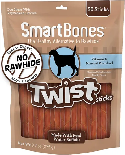 SmartBones Palitos Retorcidos con Búfalo de Agua 50 Unidades, Masticables Sin Cuero Crudo para Perros