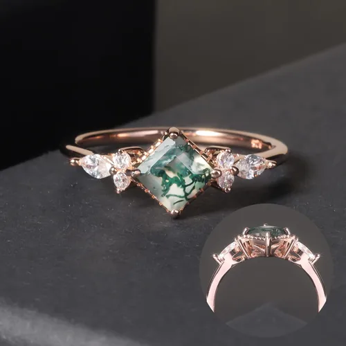 Vista 2 de Gem's Beauty Anillos de compromiso de ágata musgo verde de 14 quilates, oro rosa de 14 quilates, plata de ley 925, anillo de compromiso de tres