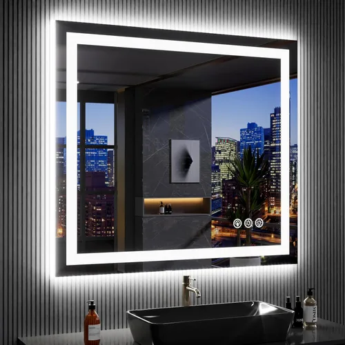 Vista 161 de LOAAO Espejo de baño LED de 28 x 36 pulgadas con luces, antiniebla, regulable, retroiluminado + iluminado frontal, espejo de tocador de baño