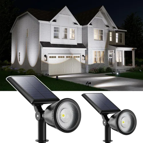 Paquete de 2 Focos Solares Impermeables para Exteriores Super Brillantes LED Reflector de Patio para Árbol, Bandera, Césped, Estatua, Iluminación de