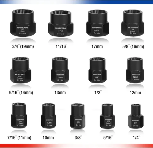 Vista 2 de WORKPRO Juego de 15 piezas de extractor de pernos de impacto y tuercas, extractor de pernos de transmisión de 3/8 pulgadas para quitar pernos