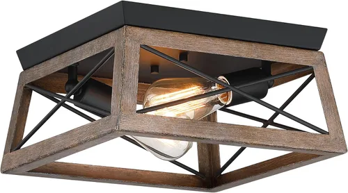 Vista 13 de 1 Light Black Industrial Flush Mount Ceiling Light Fixture - Square Farmhouse Caged Ceiling Light for Closet Kitchen Hallway Porch, E26, Dimmable
