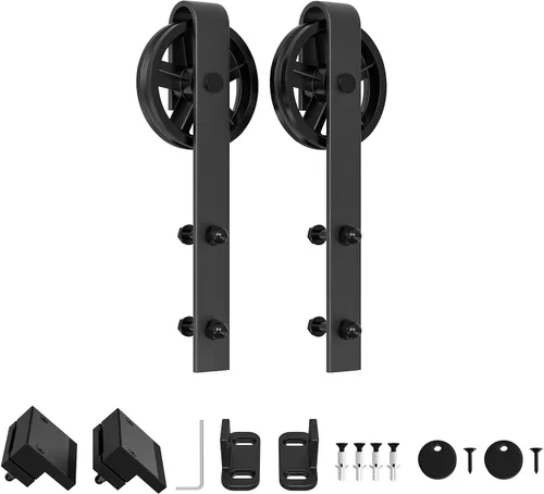 Vista 9 de WINSOON Kit de herrajes para puerta corredera de granero de madera individual de 5-16 pies, negro básico, rueda de radios grandes, kit de rodillos