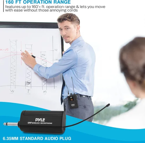 Vista 5 de Pyle Pyle PDWMU211 - Sistema de micrófono dual UHF inalámbrico profesional portátil con auriculares/micrófono de solapa, transmisor de cinturón