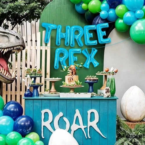 Vista 9 de Katchon, Globos grandes azules de tres Rex – 16 pulgadas, tres decoraciones de cumpleaños Rex para niños, globos de dinosaurios para decoración