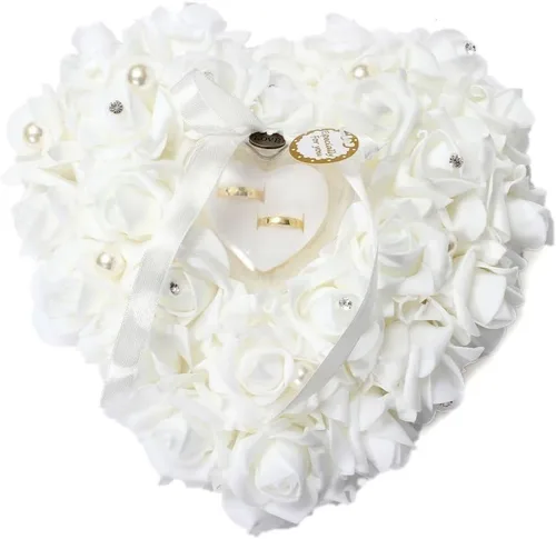 HONEYGIFTS Almohada para Anillo de Boda, Almohadas Portadoras de Anillos Irovy con Forma de Corazón, Cojín de Encaje Rosa para Boda, Fiesta,