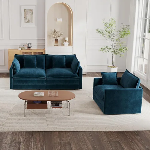 Vista 23 de mikibama Juego de Sofás Nube de Lujo de 2 Piezas, Juego de Sofá Moderno Tapizado en Chenilla de 3 Plazas y Loveseat con 9 Almohadas para Sala