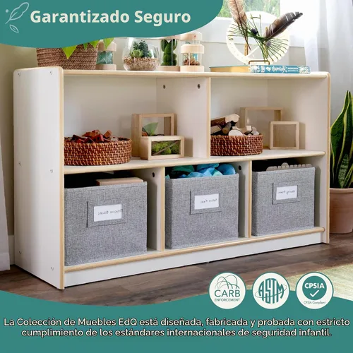 Vista 3 de Guidecraft EdQ - Almacenamiento de 5 compartimentos de 24 pulgadas, color blanco con 3 contenedores de tela: estantería multiusos de madera