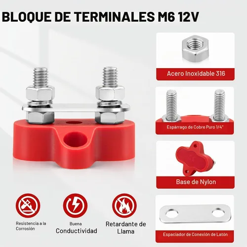 Vista 3 de RED WOLF Bloque de distribución de energía de 12 V 100 A, barra colectora de doble perno de 1/4", barra de bus terminal M6, poste de conexión