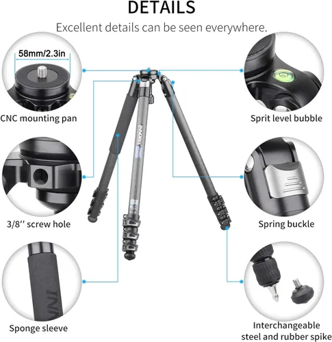 Vista 8 de Trípode de fibra de carbono INNOREL ST324CF profesional resistente para cámara con adaptador de cuenco y correa de cámara, bloqueo rápido y ultra