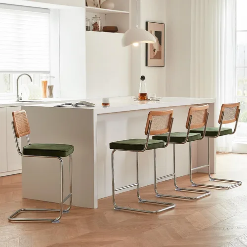 Vista 12 de GrandNoor Juego de 2 taburetes de ratán natural de altura de mostrador con respaldo de madera maciza, taburetes de bar Cesca modernos de mediados