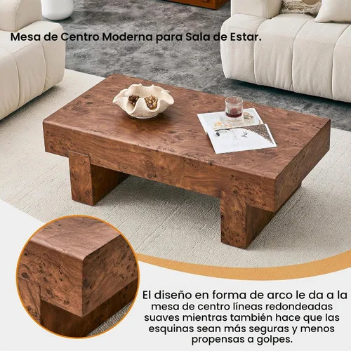 Vista 6 de LKTART Mesa de centro moderna de 45.3 pulgadas para sala de estar, madera A-oscuro Burl Madera