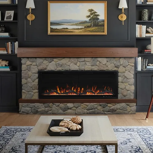 Country Living Brookstone - Paquete de chimenea eléctrica inteligente de 74 pulgadas, calentador de 50 pulgadas con control remoto, estantería de