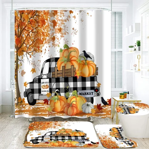Yddsky Juego de 4 cortinas de ducha de calabaza de arce otoñal con alfombras antideslizantes, cubierta para tapa de inodoro y tapete de baño,